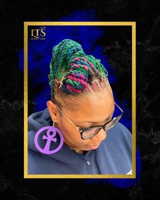 Loc retwist, Color transition double strand Updo.