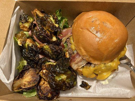 Bacon Smashburger and Charred Brussels