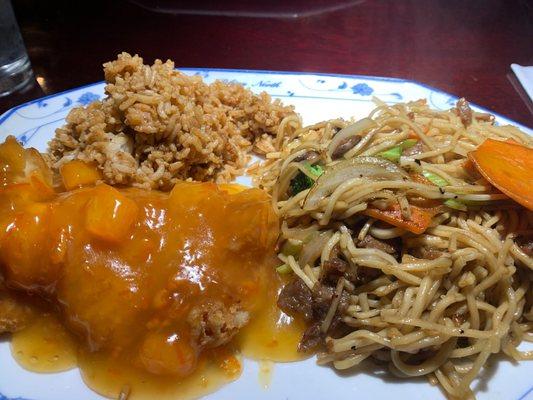 Orange chicken, special chow Mein, fried rice