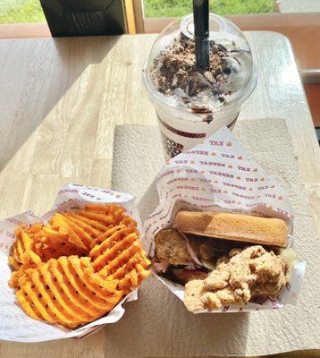 Shaq attack, sweet potato waffle fries, & double chocolate shake