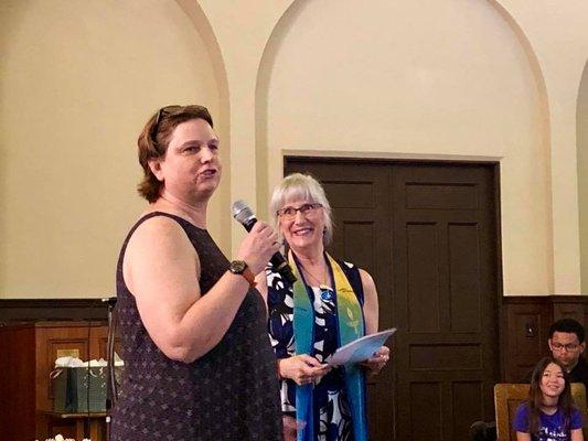 Rev. Nancy Palmer Jones introducing interim director of religious education Susie Idzik.