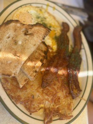 Eggs and Bacon, Hashbrowns, with Sourdough