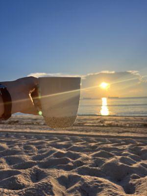 Morning coffee on the beach. 2 feet outside our front door!