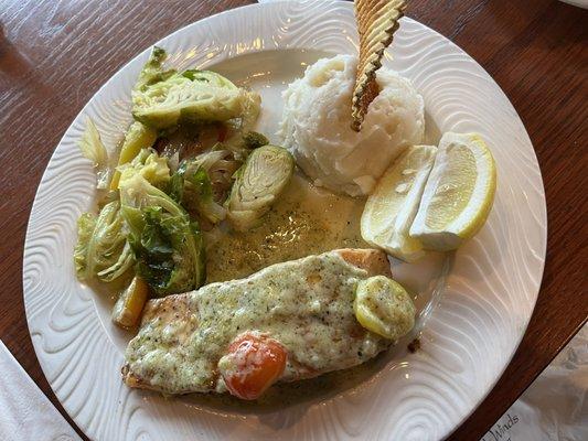 Salmon with pesto cream sauce, brussel sprouts & garlic mashed potatoes