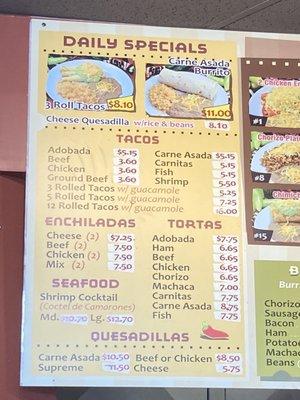 Far left section of menu