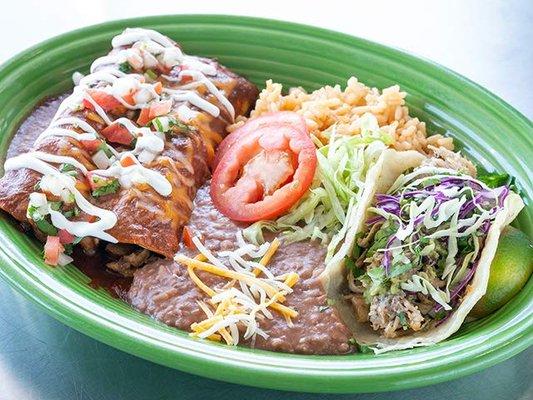 •	ENCHILADA / TACO COMBO  9.50 choice of meat for enchilada,  spicy verde salsa or red mild  salsa, topped with sour cream. choice of meat