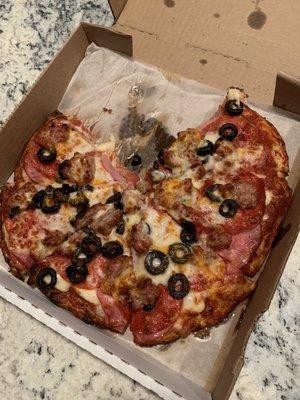 Regular sauce, pepperoni, Canadian bacon, black olives