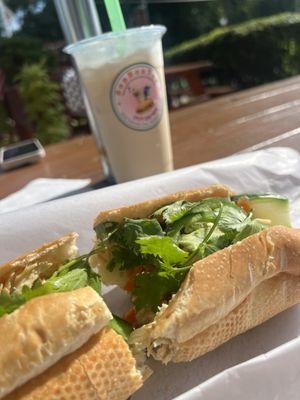 My go-to meal (Binh Mi GA -chicken with fresh veggies and Jasmine Honey Bubble Tea without the tapioca balls) at Bon Bon Tea Shop.