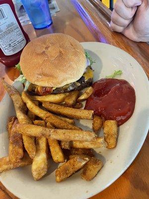 Half pound burger and fries.