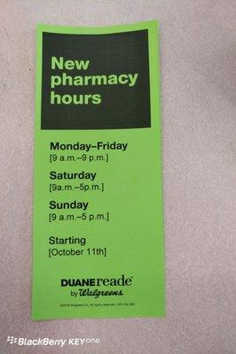 new pharmacy hours Oct 2018