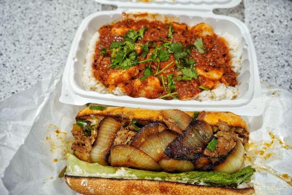 Roasted pork sandwich with rice with red sauce and scallop