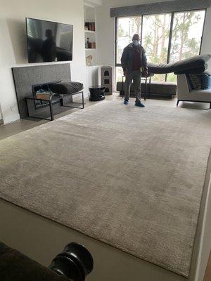 Professional brings carpet into home and lays it out.  Does not drop rug outside in drive way, before extorting $100  or no delivery