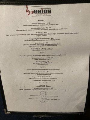 Menu for ReUnion Kitchen and Bar. Located inside the Union Hotel.