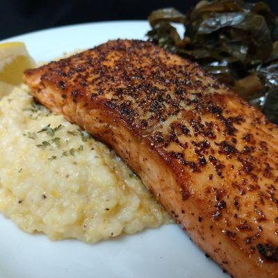 Blackened Salmon with side of grits and collards