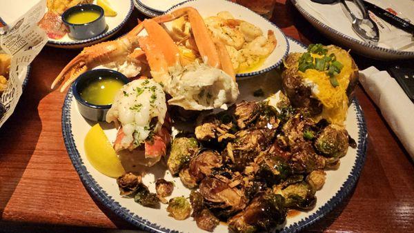 Ultimate Feast with double Shrimp Scampi, Snow Crab Legs, Maine Lobster Tail, with Baked Potato and Brussels