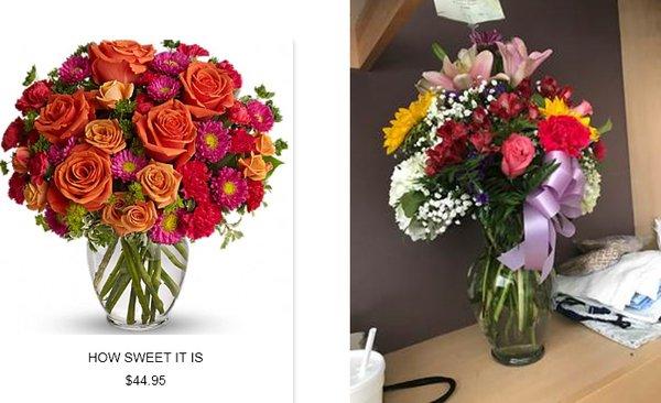 I ordered the picture on the left except all roses and larger.  The picture on the right is what was delivered for $70 excluding delivery.