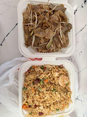 Beef chow fun on top and Singapore Fried Rice on bottom.