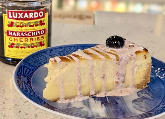 Crème Brûlée Cheesecake with Luxardo Cherry Marshmallow Sauce