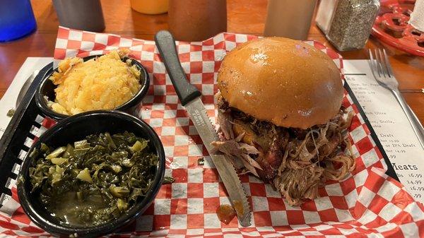 Collards, Cheesy Hashbrown Casserole and Pulled Pork Burger