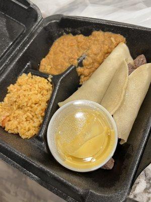 Beef fajitas "enchilada" with double rice and (imaginary) pico de gallo