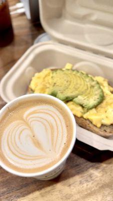 Dirty chai and egg salad toast with avocado.