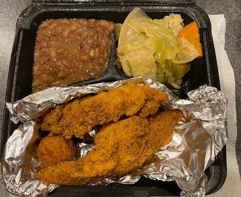 Catfish Fillet Dinner with Pinto Beans and Steamed Cabbage & Carrots and 2 Hushpuppies