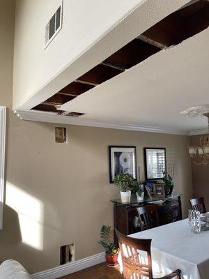 Damages to the ceiling and walls.