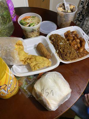 Veggie St. Paul, Crab Rangoon, Veggie Steam Noodles, Deluxe Steam Noodle, Hot Braised Chicken Combo w/Fried Rice and Egg Roll