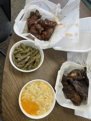 Turkey tips, wings, Mac and cheese and green beans