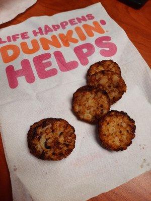 Burnt hashbrowns that were cold and soggy.  Incredibly greasy and the grease tasted like who knows what.