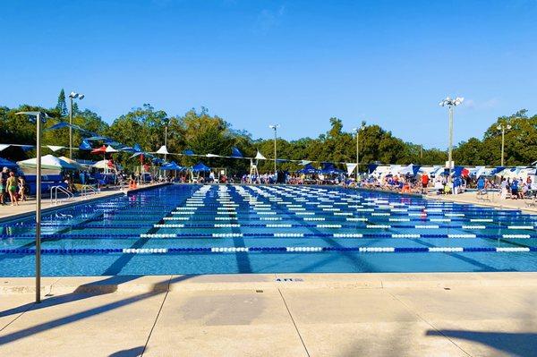 The swimming pool with lane lines set up for short course racing.