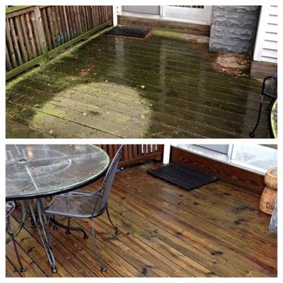 A mold removal job on a wooden deck.