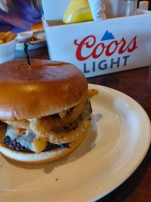 burger with onion straws