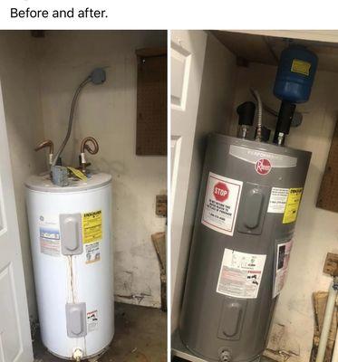 "Before and after" electric water heater install in Brentwood area.