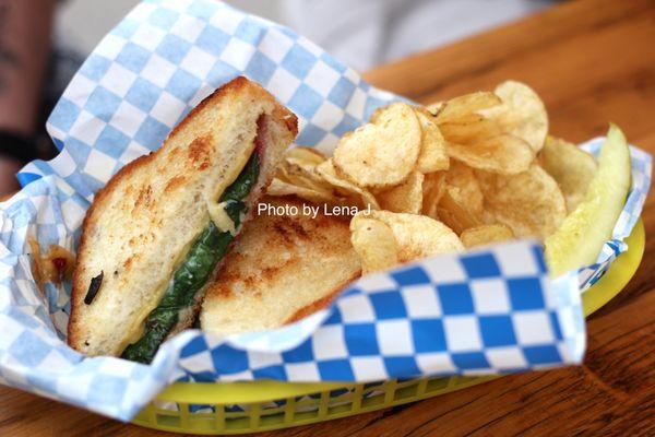 Raspberry Basil Grilled Cheese ($13) - Raspberry jam, cashew cream cheese, provolone-style cheese, fresh basil and spinach.