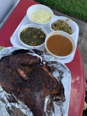 Our wonderful mouth watering Chicken along with our potato salad, baked beans, collard greens, and green beans.