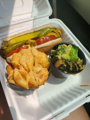 Chicago Dog, Mac & Cheese, and Cheezy broccoli