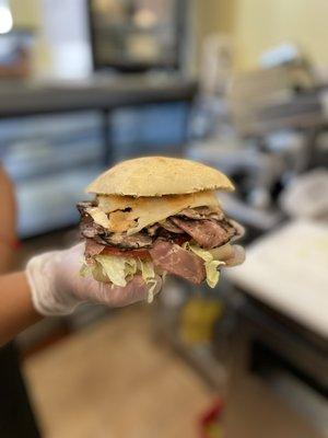 Roast Beef Sante Fe on Toasted Ciabatta: roast beef, pepperjack, chipotle Mayo, lettuce, tomatoes