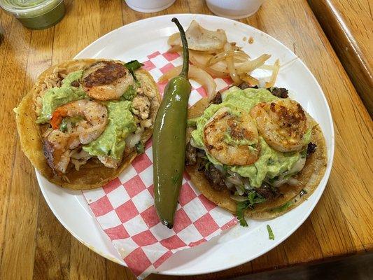 chicken and beef tacos with shrimp and guac