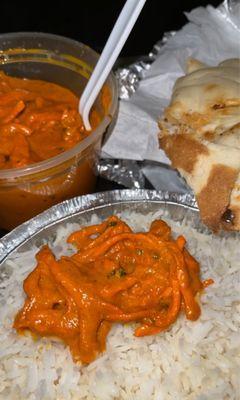 Butter chicken, basmati rice, garlic naan.