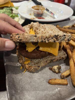 The patty melt. Have not picked it up yet, this is how it arrived. Bread was stale. Beyond meat patty was cold.