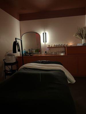 Facial Room. Heated bed and calming/relaxing atmosphere