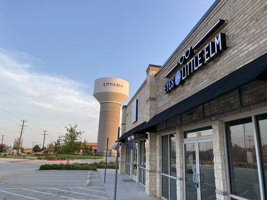 Our entrance lines up with the Little Elm water tower off FM 423 just south of Panther Creek Parkway.