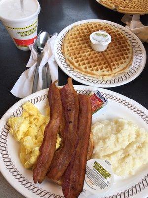 All-Star Special - Eggs, grits, bacon, waffles, side of toast and coffee