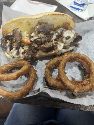 My omygoodness is this so delicious Steak sandwich and house made onion rings! (Ate some before I could snap pic..lol!)