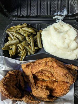 2pc fried chicken with green beans and mashed potatoes