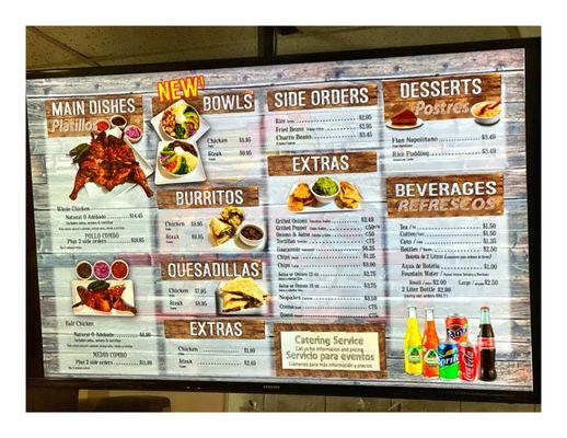 Wall Menu.PolloExpress.Pilsen!ChickenorSteak.NaturalorAdobado.WholeorHalf.Bowls Burritos Quesadillas Dessert!Order 3118291550.Cool!