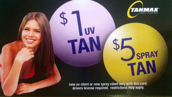 Suntan session only $1  Spraytan session only $5 Valid new clients