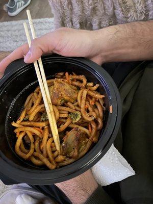 Japanese Pan Noodles with chicken we added from home