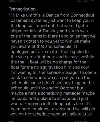 Transcript from voicemail where Yettica(Danica) mentions that she spoke with a VP and they are going to do the H float at no charge.